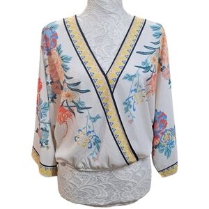 Flying Tomato Floral Kimono Sleeve V-Neck Bohemian Top Size Small Hippie 70s